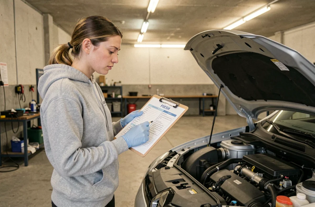 Femme vérifiant la liste de contrôle après vidange d'huile sur une Renault pour prévenir l'apparition du code 1525f3