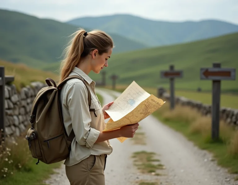 Voyageuse indépendante consultant une carte papier à un carrefour rural entouré de collines verdoyantes, symbole du voyage alternatif et authentique