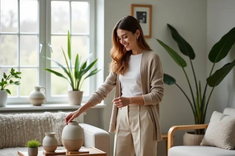 Femme arrangeant des vases en céramique dans un salon scandinave