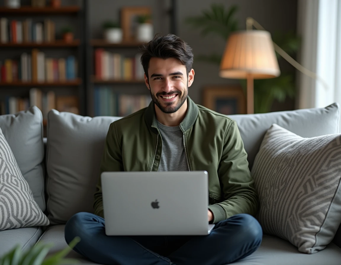 Un jeune homme utilise Yggtorrent sur son laptop depuis son salon moderne