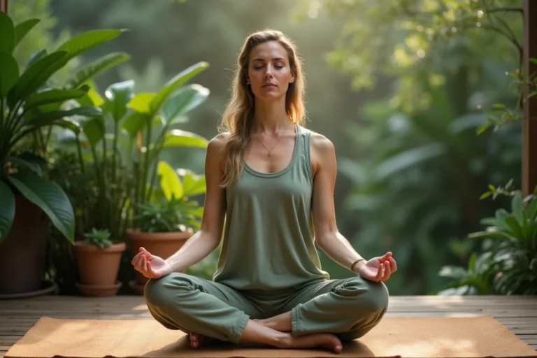 Femme pratiquant le yoga matinal en plein air sur un deck en bois entouré de végétation verdoyante, illustrant le bien-être naturel