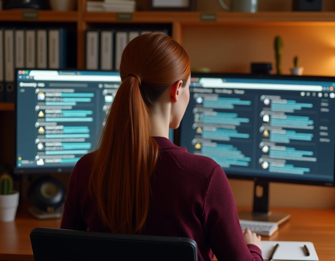 Une femme consulte les miroirs actifs de Zone-Téléchargement sur deux écrans dans son bureau